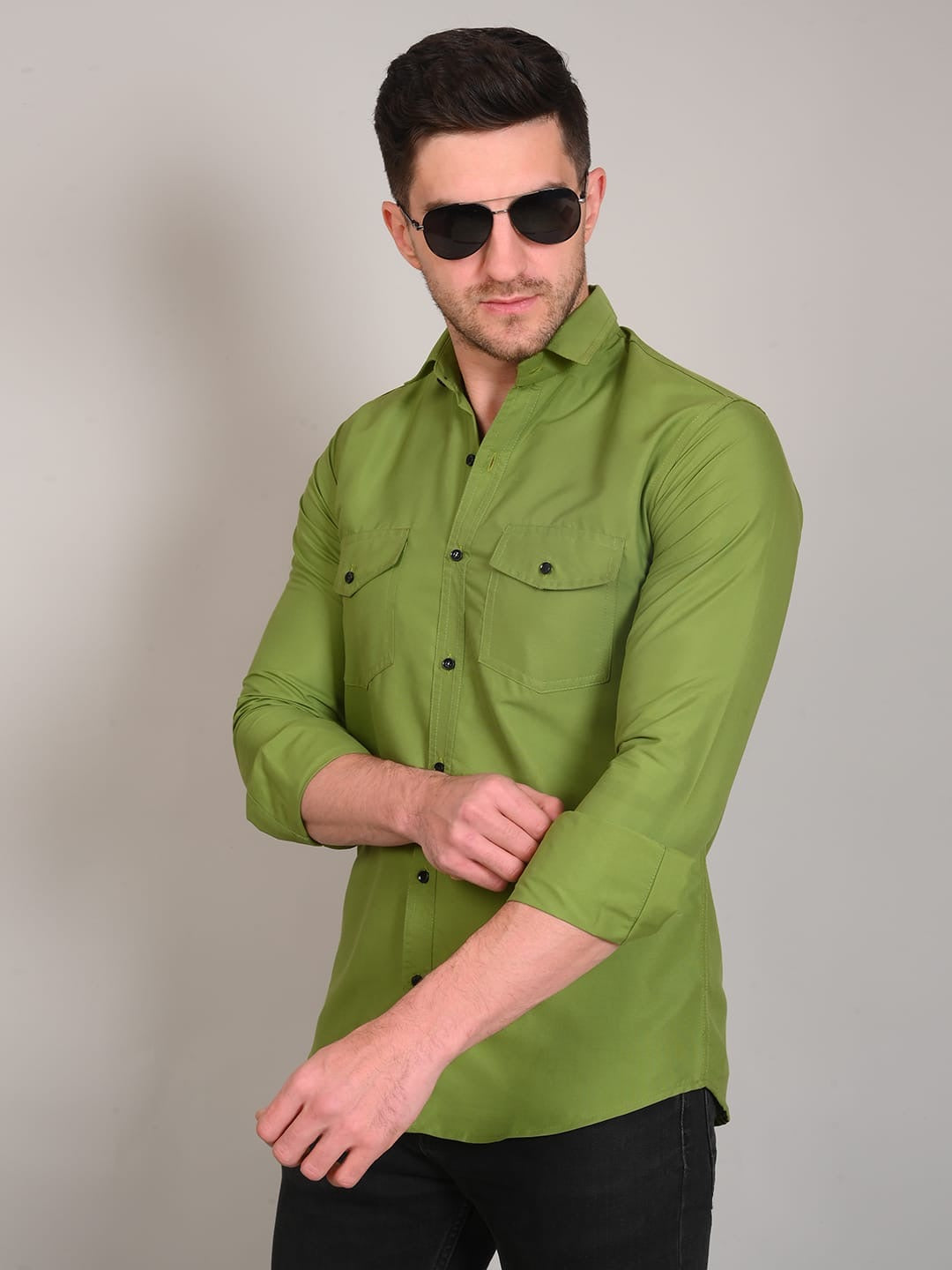 Men’s Solid Olive Green Shirt with Double Pockets